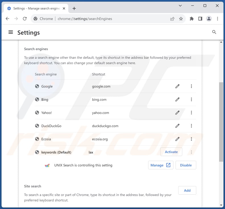 Usuwanie unixsearch.com z domyślnej wyszukiwarki Google Chrome