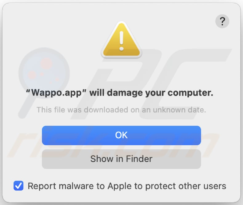 Ostrzeżenie pop-up adware Wappo.app