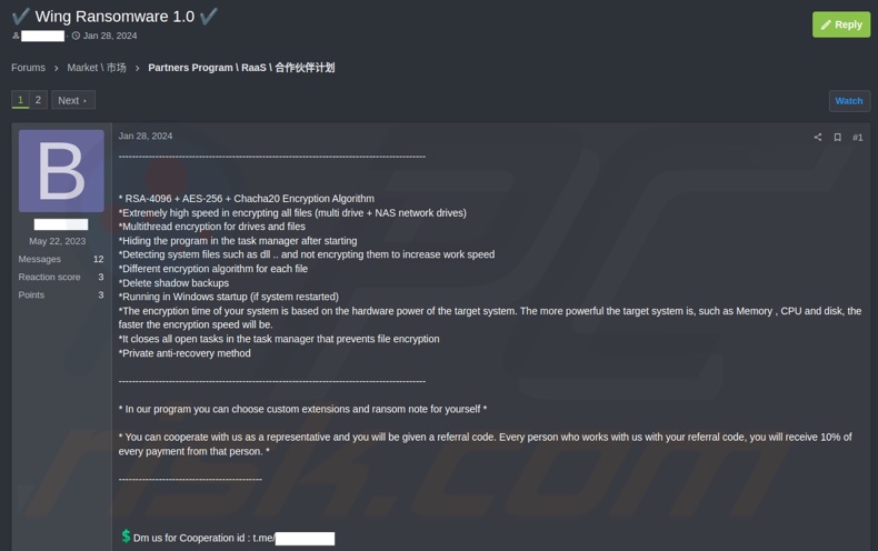 Post na forum hakerskim szukający partnerów do ransomware Wing