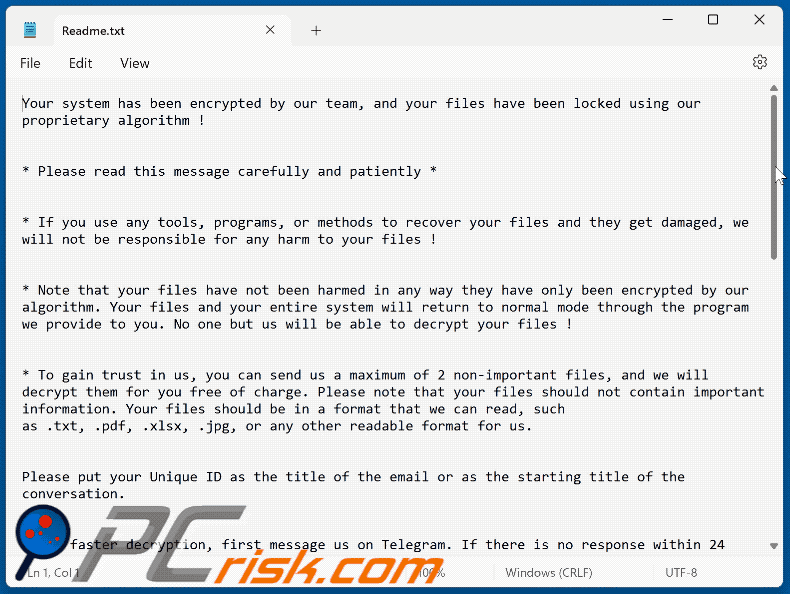Notatka z żądaniem okupu ransomware Wing (Readme.txt) GIF