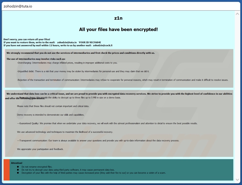 Notatka z żądaniem okupu ransomware Z1n (pop-up)