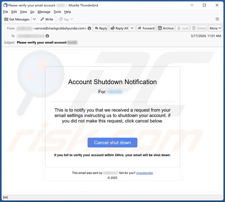E-mailowa kampania spamowa Account Shutdown Notification