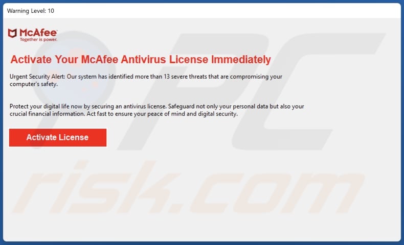 Oszustwo Activate Your McAfee Antivirus License