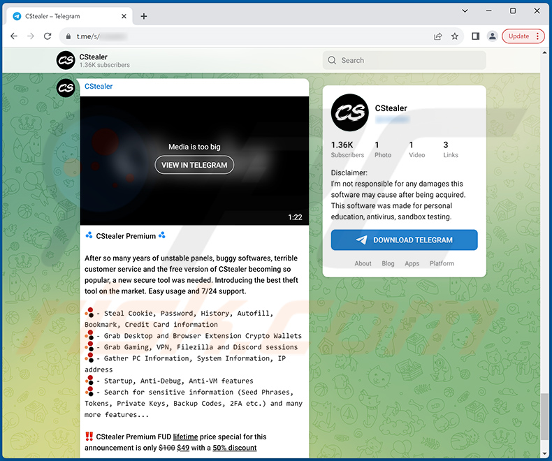 Konto na Telegramie promujące malware CStealer