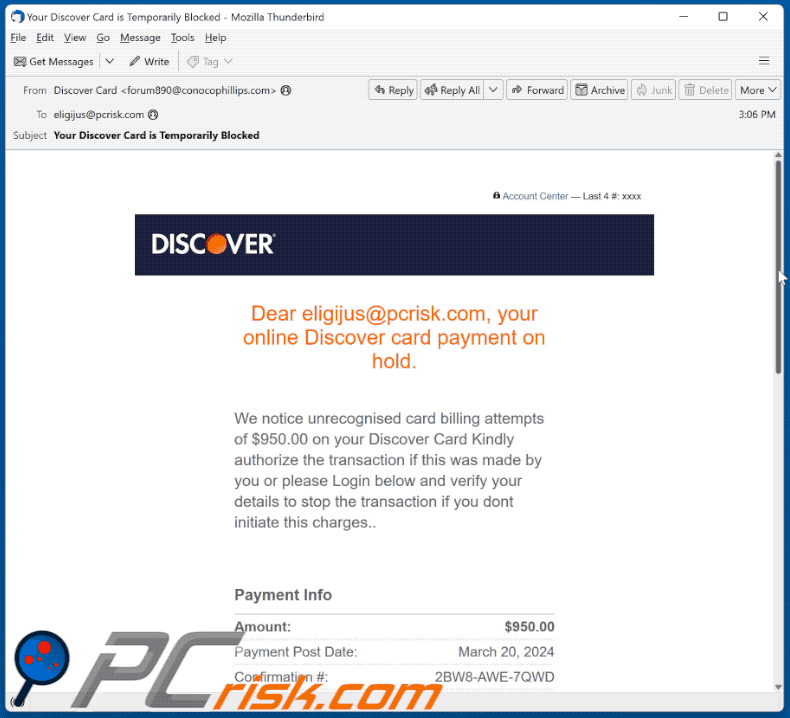 Oszustwo e-mailowe Discover Card Payment On Hold (GIF)