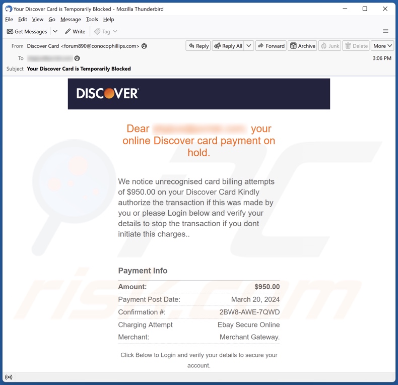 E-mailowa kampania spamowa Discover Card Payment On Hold