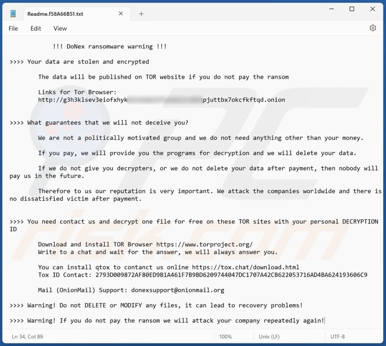 Plik tekstowy ransomware DoNex (Readme.[ID_ofiary].txt)