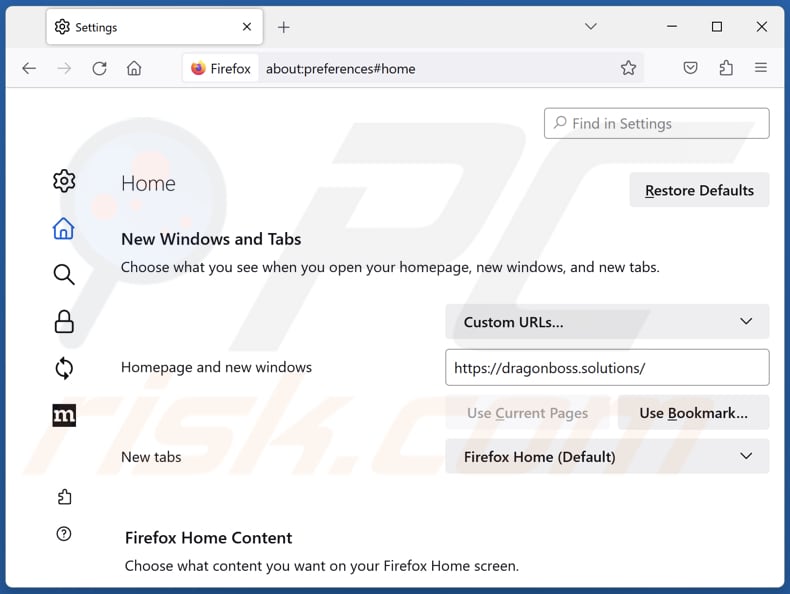 Usuwanie dragonboss.solutions ze strony domowej Mozilla Firefox