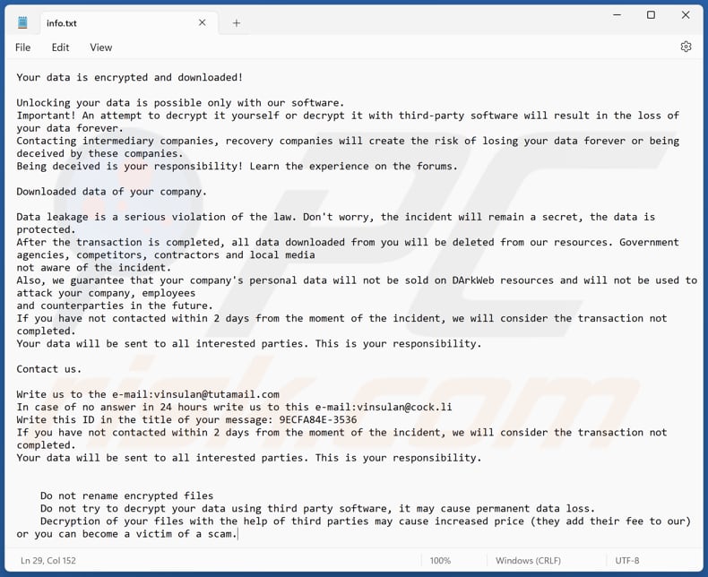 Plik tekstowy ransomware Dzen (info.txt)
