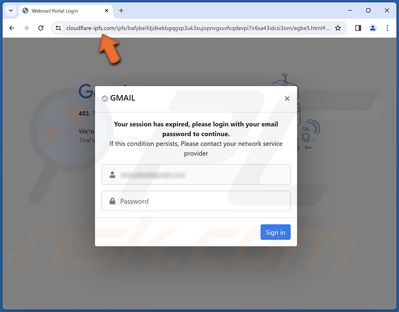 Strona phishingowa promowana przez oszukańczy e-mail Email Failed To Sync