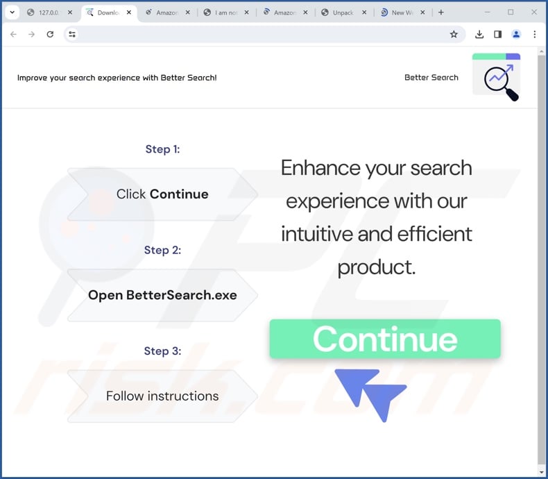 Zrzut ekranu strony promującej instalator służący do wstrzykiwania finderssearching[.]com do przeglądarki
