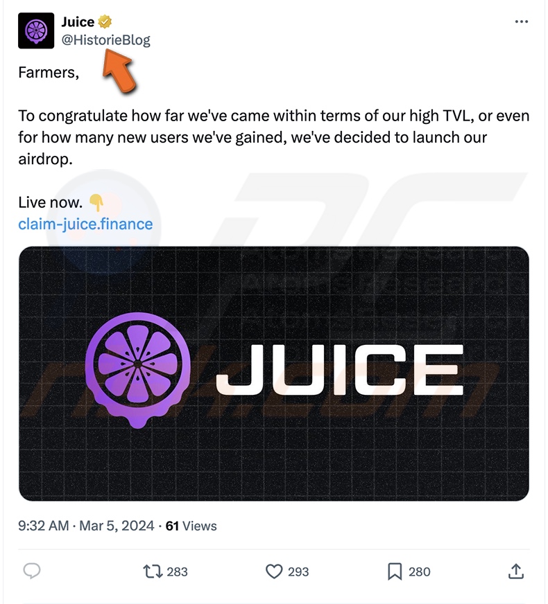 Oszustwo Juice Finance's Airdrop promowane na X (Twitterze)
