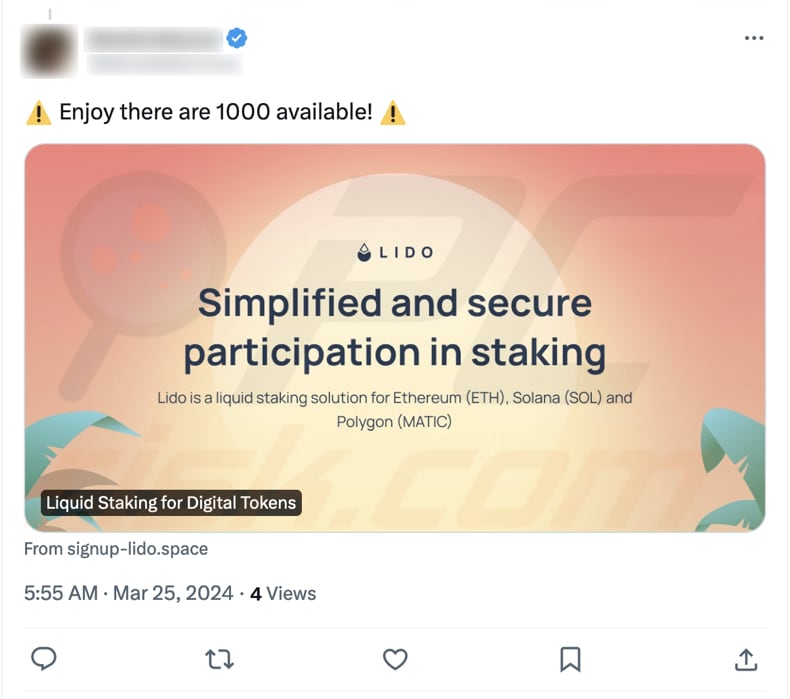 Post na X (Twitterze) promujący oszustwo LIDO staking