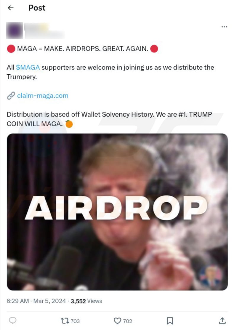 Oszustwo MAGA Airdrop promujące post na X (Twitterze)