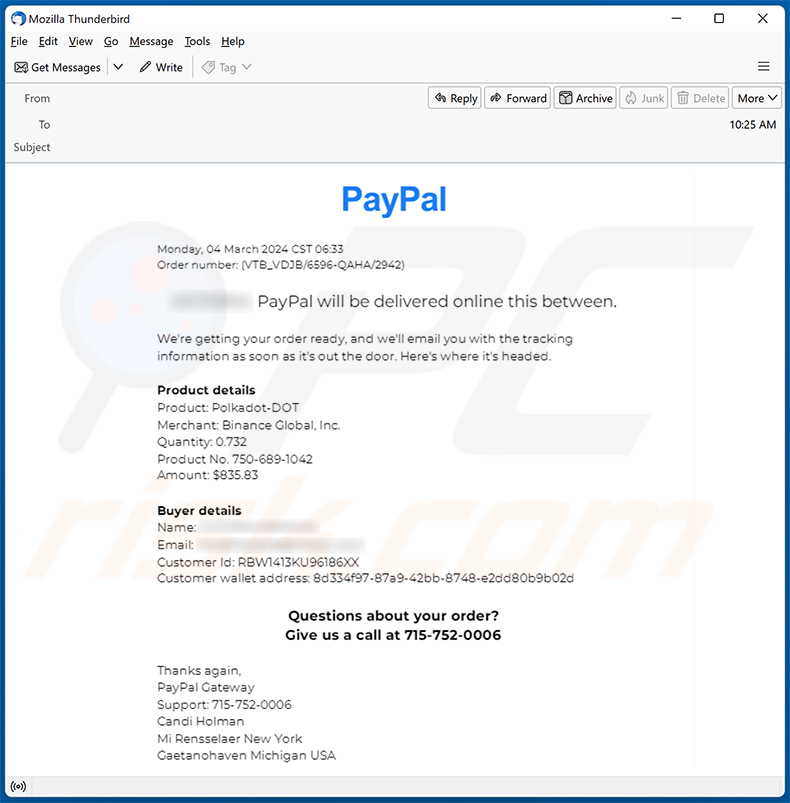 Oszustwo e-mailowe PayPal - Order Has Been Completed (2024-03-05)
