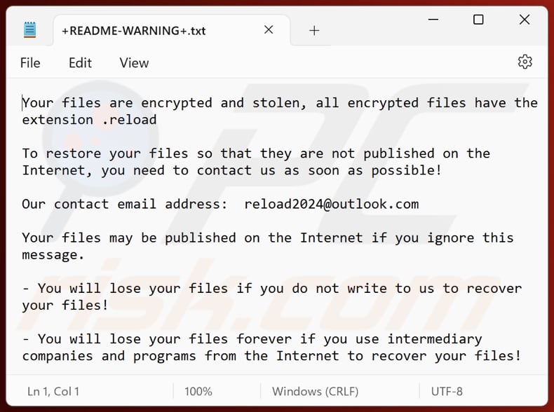Plik tekstowy ransomware Reload (+README-WARNING+.txt)