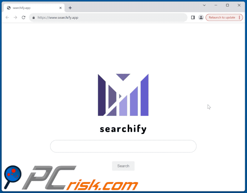 Wygląd witryny promowanej przez PUA Searchify searchify.app przekierowującej do Bing (GIF)