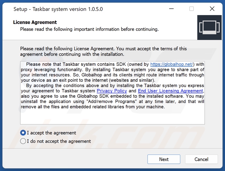 Konfigurator instalacji PUA Taskbar system