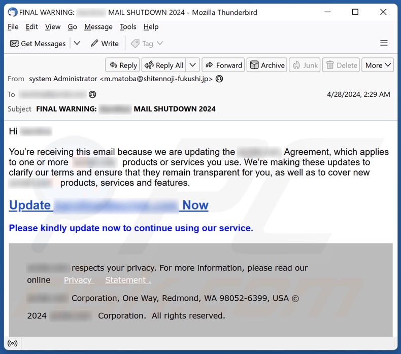 Agreement Update kampania spamowa e-mail