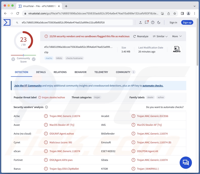 Wykrycia złośliwego oprogramowania ClipWallet w serwisie VirusTotal