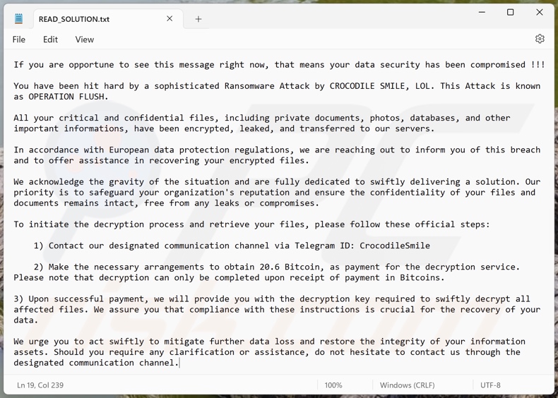 Notatka z żądaniem okupu ransomware Crocodile Smile (READ_SOLUTION.txt)
