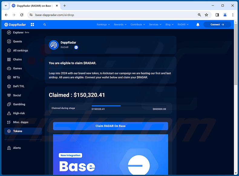 DappRadar Airdrops Strona internetowa wyłudzająca informacje (base-dappradar[.]com)