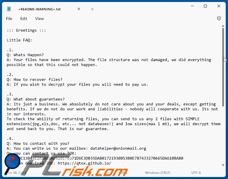 Plik tekstowy ransomware Datah (+README-WARNING+.txt)