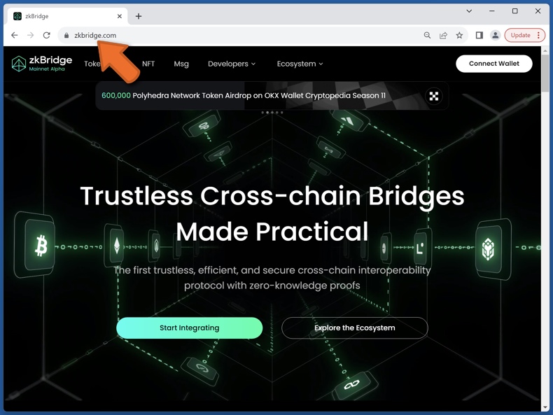 Wygląd prawdziwej strony zkBridge (zkbridge.com)