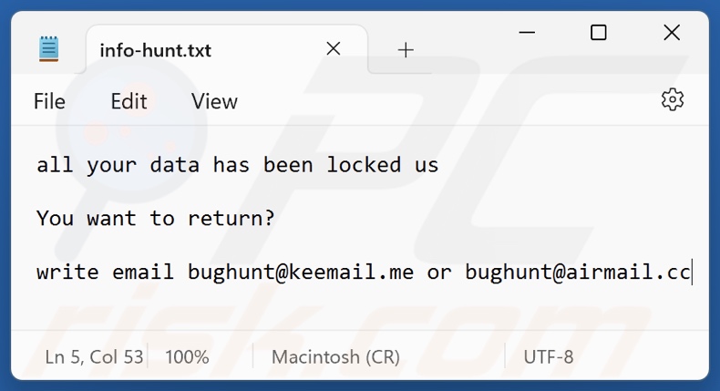 Plik tekstowy ransomware Hunt (info-hunt.txt)
