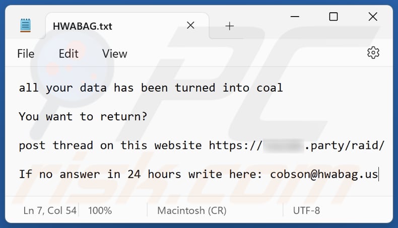 Plik tekstowy ransomware HWABAG (HWABAG.txt)