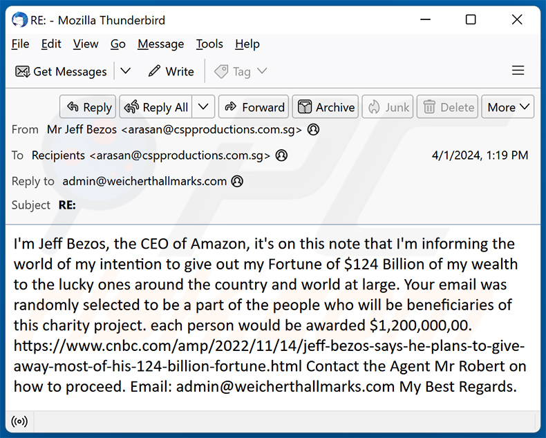 Oszukańczy e-mail Jeff Bezos Charity Project (2024-04-05)