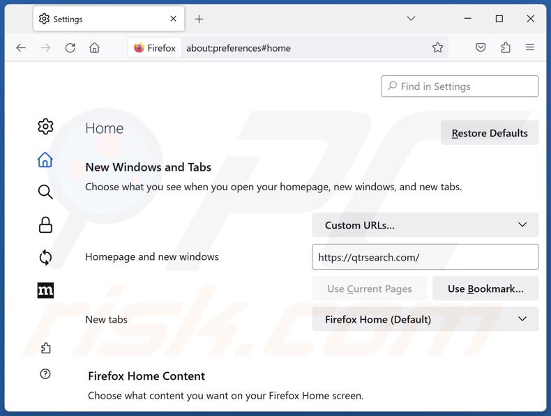 Usuwanie qtrserach.com ze strony domowej Mozilla Firefox