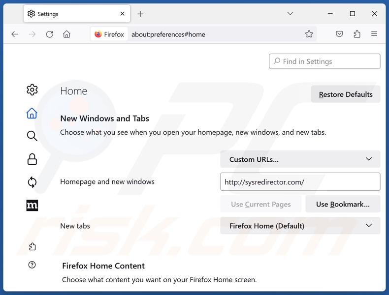 Usuwanie sysredirector.com ze strony domowej Mozilla Firefox