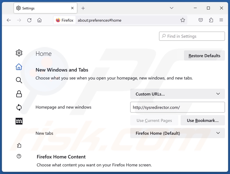 Usuwanie sysredirector.com ze strony domowej Mozilla Firefox