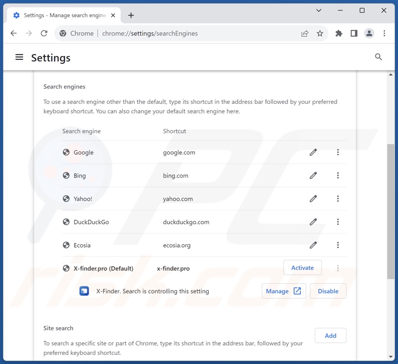 Usuwanie x-finder.pro z domyślnej wyszukiwarki Google Chrome