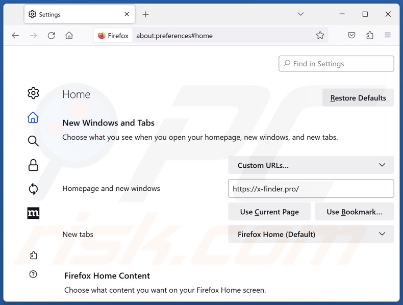 Usuwanie x-finder.pro ze strony głównej Mozilla Firefox