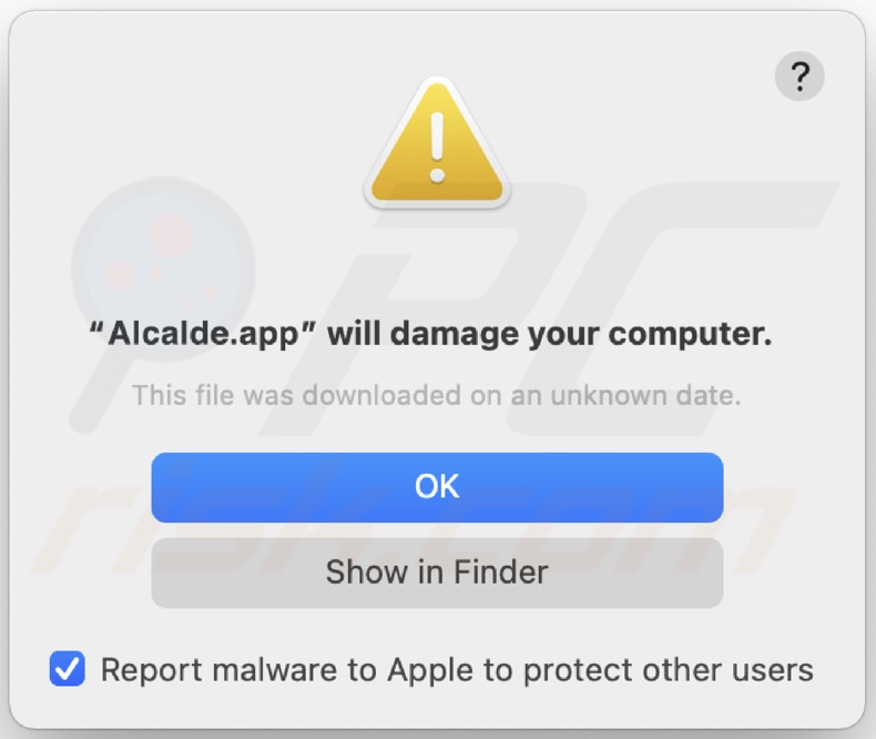 Wyskakujące okienko wyświetlane po wykryciu adware Alcalde.app w systemie