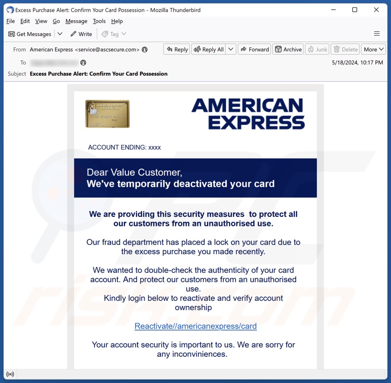 American Express Card Deactivation Kampania spamowa e-mail