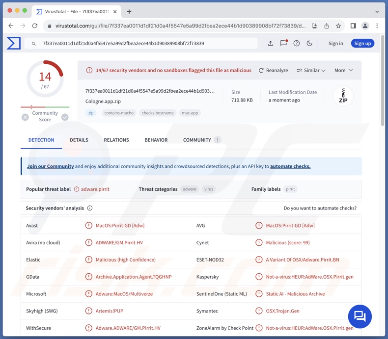 Wykrycia adware Cologne.app w serwisie VirusTotal
