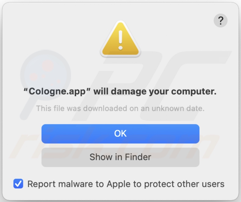 Wyskakujące okienko wyświetlane po wykryciu adware Cologne.app w systemie