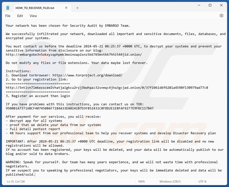 EMBARGO ransomware plik tekstowy (HOW_TO_RECOVER_FILES.txt)