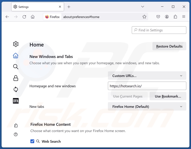 Usuwanie hotsearch.io ze strony głównej Mozilla Firefox
