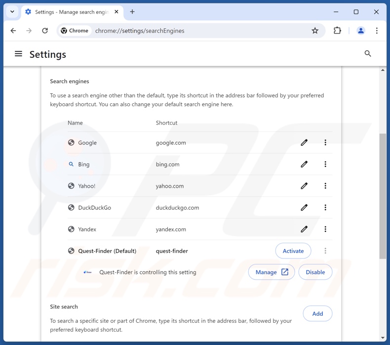 Usuwanie quest-finder.com z domyślnej wyszukiwarki Google Chrome