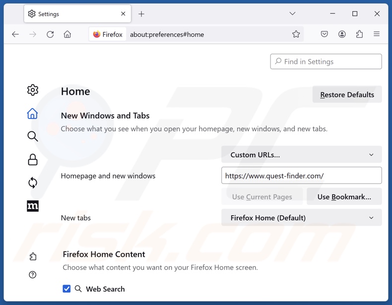 Usuwanie quest-finder.com ze strony głównej Mozilla Firefox