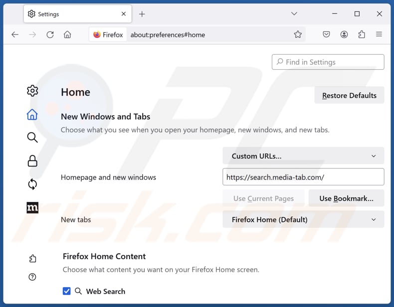 Usuwanie search.media-tab.com ze strony głównej Mozilla Firefox