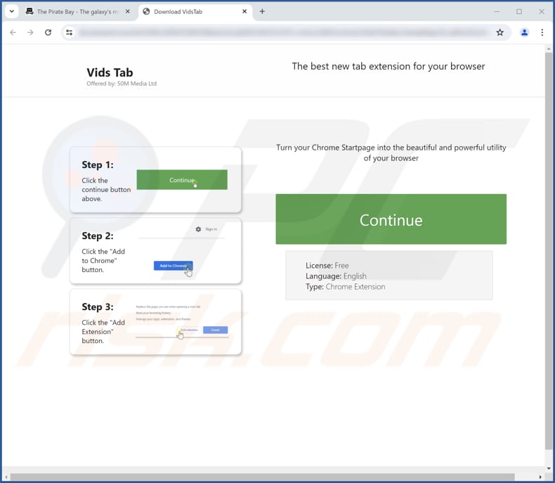Strona internetowa wykorzystywana do promowania porywacza przeglądarki Vids Tab