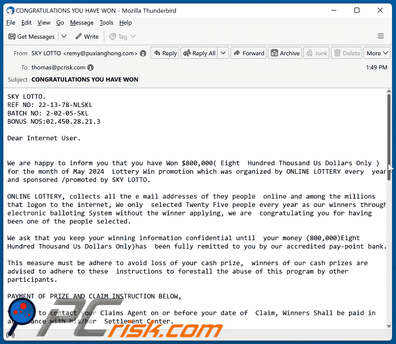 SKY LOTTO pojawienie się oszukańczej wiadomości e-mail (GIF)