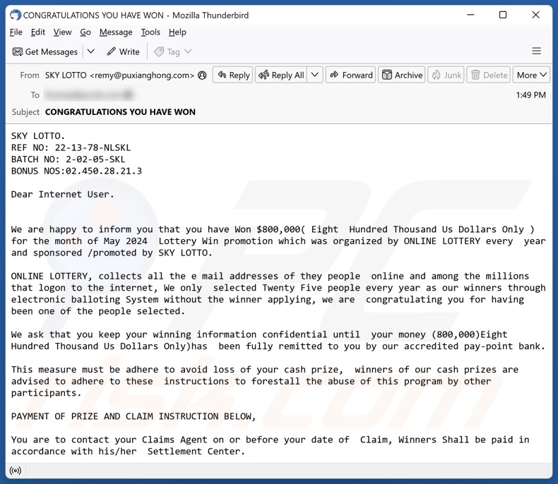 SKY LOTTO Kampania spamowa e-mail