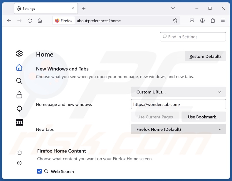 Usuwanie wonderstab.com ze strony głównej Mozilla Firefox