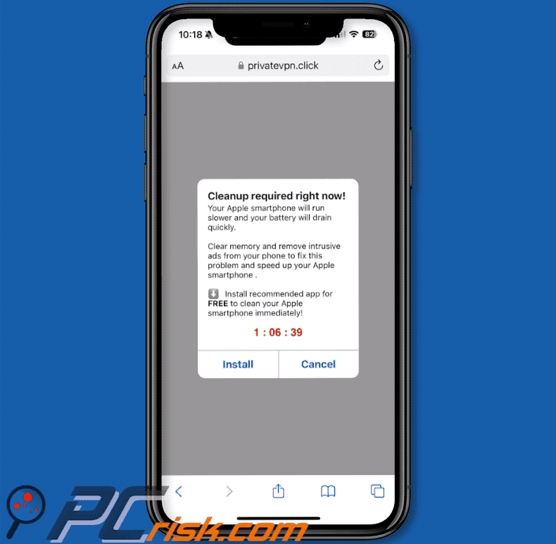 Cleanup Required Right Now! Oszustwo pop-up w wersji na iPhone'a (GIF)